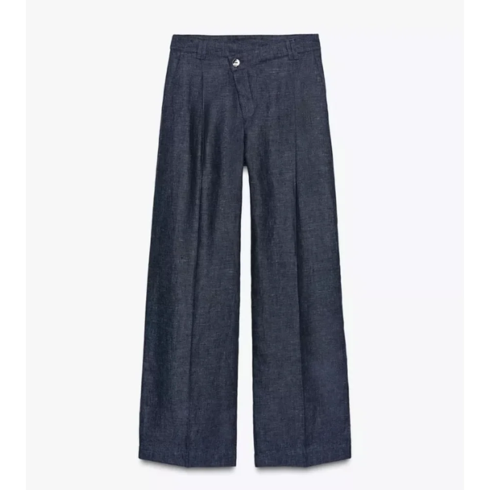Zara 100% Linen Indigo Wide-Leg Wrap Front Pants And Pleats Detail Sz-S